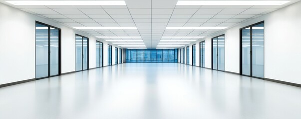 A spacious, modern office interior featuring white walls, large windows, and an open layout, ideal for various work environments.