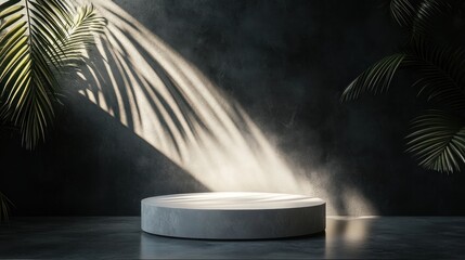 Illuminated stone podium with tropical leaves.