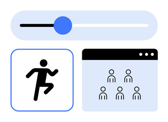 Slider adjustment bar, running figure icon, and browser window with group icons. Ideal for productivity, teamwork, fitness tracking, UIUX design, technology, digital analytics abstract line flat