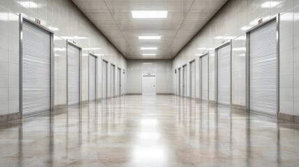A sleek, modern hallway lined with storage unit doors, reflecting light on polished floors, creating a spacious and organized atmosphere.