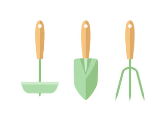 Gardening tools set. Trowel with wooden handle, tiller hand rake and small hoe isolated on white background. Vector cartoon flat illustration.