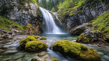 Fototapeta premium Majestic waterfall, lush green forest, moss-covered rocks, crystal clear stream, smooth river stones, long exposure water blur, vibrant nature scene, serene wilderness, cascading water,