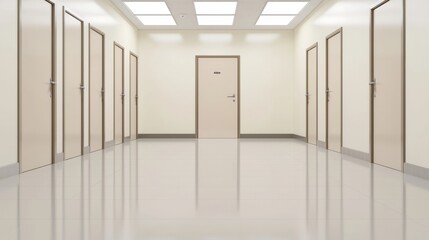 A well-lit corridor featuring multiple doors, showcasing a modern architectural design with clean lines and reflective flooring.