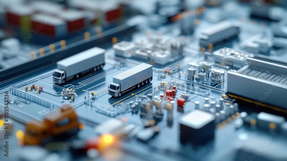 Poster aerial view of a complex logistics network with trucks on a digital circuit board, symbolizing techn