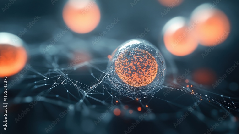 Poster Abstract Visualization of a Single Cell Surrounded by Glowing Particles and Delicate Networks, Representing Concepts of Biology and Microscopic Life