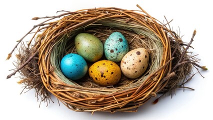 Obraz premium High-resolution panoramic view: a bird's nest brimming with spotted eggs, isolated against a pure background.