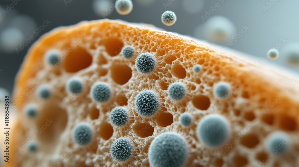 Poster close-up view of microbial life on a natural sponge, showcasing intricate details of mold and fungi 