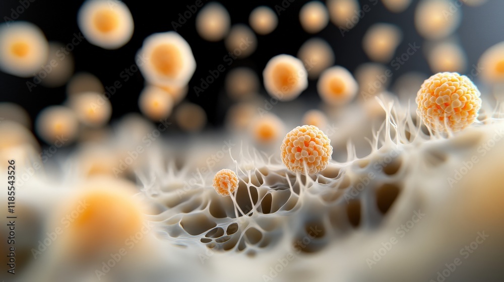 Poster Microorganisms Interacting in a Microscopic Environment with Intricate Detail and Vivid Colors, Representing Cellular Processes and Biological Themes in Life Science Studies