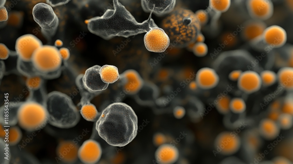 Aufkleber close-up view of orange and black microorganisms, displaying intricate structures and shapes, ideal 