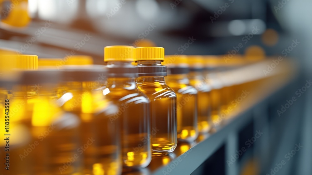 Poster glass bottles filled with amber liquid on a production line in a modern pharmaceutical manufacturing