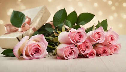 Pink carnations bloom around a beautifully wrapped present and heartfelt thank you card on a soft pastel background, symbolizing gratitude on Mother's Day.and valentine day,123