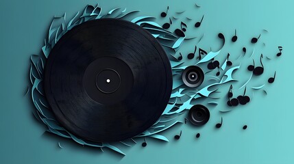 Obraz premium Vinyl Record Surrounded by Abstract Teal Music Notes