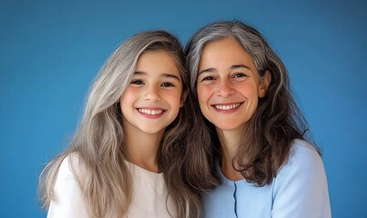 Fototapeta premium Joyful Mother and Daughter Smiling Together in a Blue Studio Setting