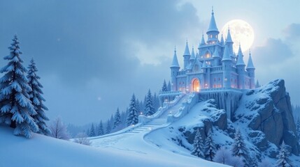 Obraz premium A Majestic Winter Castle Perched Atop a Snowy Mountain Peak Under a Full Moon