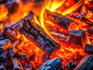 Intensely glowing embers, fiery fireplace; detailed wood coals texture.