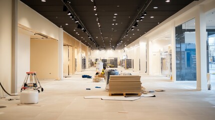 Empty retail space with new lighting being installed and a fresh coat of paint, preparing the venue for a new store opening