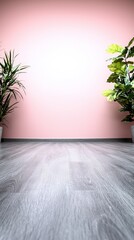 Fototapeta premium Pastel Pink Room Interior Design Empty Space Gray Floor Plants