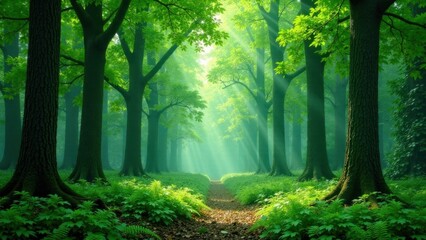 Obraz premium Serene Woodland Path Sunbeams Illuminate a Mystical Forest Scene with Lush Greenery and Ancient Trees