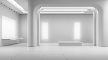 Obraz premium Interior of a minimalist exhibition hall with two empty exhibition stands, surrounded by white walls and a simple, elegant layout