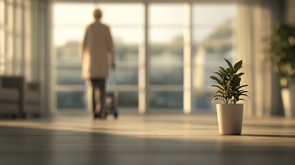 Fototapeta premium A serene scene featuring a person walking away in a corridor, with a potted plant prominently in the foreground, suggesting themes of solitude and nature.