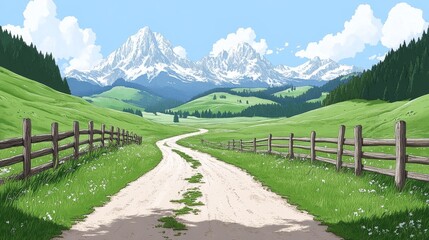 Pixel art depicting a scenic mountain valley path bordered by wooden fences and lush greenery