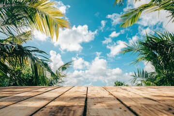 Table background of free space for your decoration and tropics and blue sky background