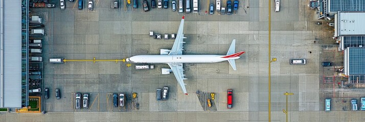 Top-down shot of airport parking areas, cars and planes in view