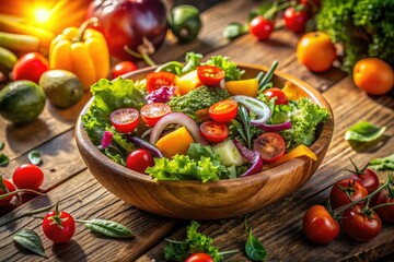 Overhead shot: A vibrant mix of fresh vegetables in a bowl, showcasing healthy eating.