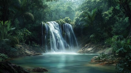 Obraz premium Serene Waterfall in Lush Rainforest
