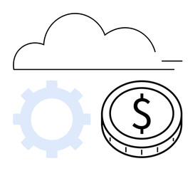 Cloud with gear and dollar coin emphasizing cloud services, productivity, economic efficiency. Ideal for technology, business, fintech, cloud storage, automation, IT services abstract line flat