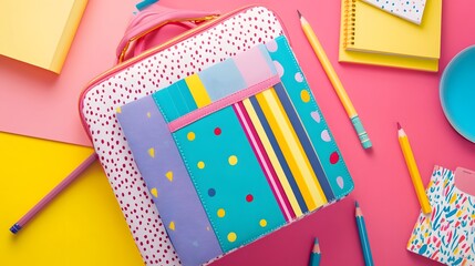 Obraz premium Colorful schoolbag with notebooks and pencils