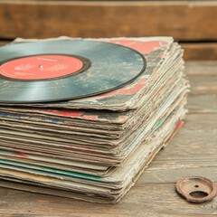 Vintage Vinyl Records Collection Home Studio Rustic Ambiance Close-up Music Nostalgia