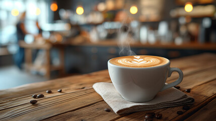 A steaming cup of coffee with a stylish latte art design rests on a wooden table with a branded napkin. The background is a bustling coffee shop scene with baristas.