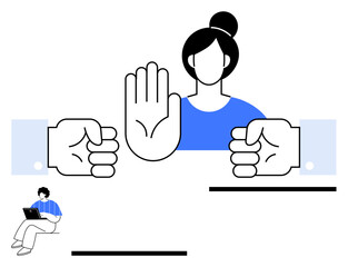 Woman raising hand to stop two fists in confrontation, small seated person with laptop bottom left. Ideal for conflict resolution, equality, workplace disputes, empowerment, boundaries