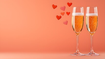 Sparkling Champagne Glasses with Floating Hearts on Orange Background, Generative AI.