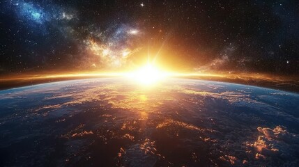 View from space landscape with milky way galaxy, sunrise and earth