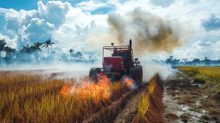 Obraz premium Tractor Burning Field with Smoke and Flames
