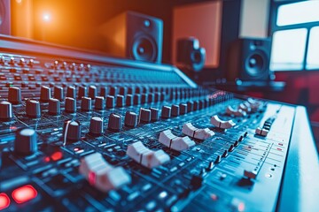 Fototapeta premium Studio Mixing Console: A Vibrant Blue-Toned Close-Up