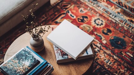 89.A chic overhead view of a blank book with a matte finish on a coffee table, with surrounding dÃ©cor like a stack of magazines and a small vase, highlighted by a colorful rug featuring abstract