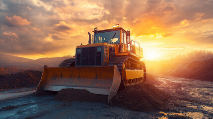 Bulldozer on a construction site with a dramatic sunset in the background.