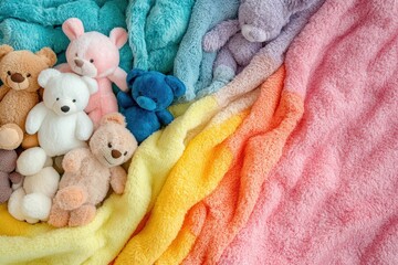 Colorful plush teddy bears nestled in a soft blanket