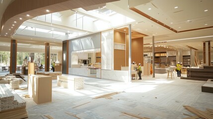 Renovation scene in a retail store, showing construction progress, new design elements, and workers preparing the space for a new retail concept