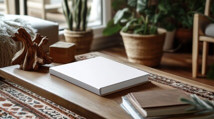 90.A cozy and vibrant scene with a blank book mockup placed on a coffee table, framed by unique decorations like a wooden sculpture and a patterned throw rug, creating a modern and inviting aesthetic.