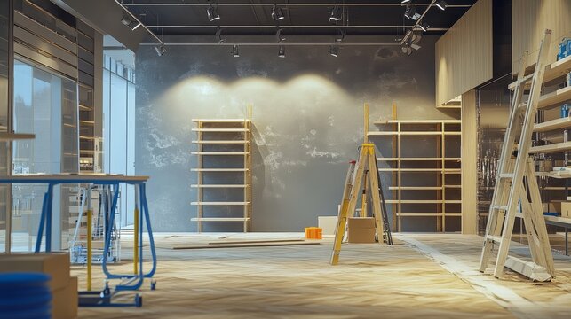 Renovation scene in a retail store with new shelving units being assembled and fresh coats of paint on the walls, prepping for a new store debut