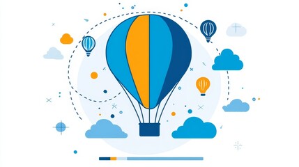 A vibrant hot air balloon ascends amidst stylized clouds and smaller balloons