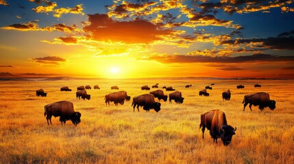 Naklejka premium Majestic Bison Herd Grazing at Golden Sunset in Prairie Landscape