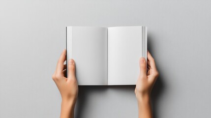 39.A top-view image of hands holding an open magazine with smooth, unmarked pages, against a soft grey background, emphasizing simplicity and focus on the blank space.