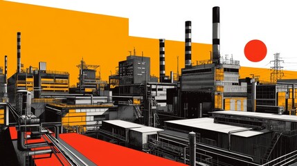 Fototapeta premium Industrial Complex at Sunset Stylized Illustration of a Factory Landscape