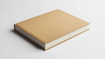 62.A minimalistic image of a thick notebook with a textured craft paper cover, placed upright on a seamless white background, its natural tone and grain clearly visible.
