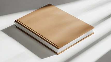66.A mockup of a thick notebook with a plain brown craft paper cover, displayed with a neutral shadow on a smooth white surface for an elegant and natural design.